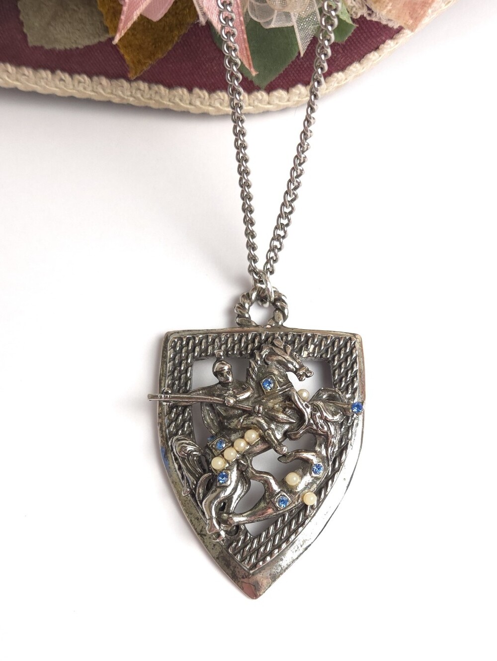 Vintage Silver Plated St. Geogle slaying the dragon pendant Necklave 24" Long